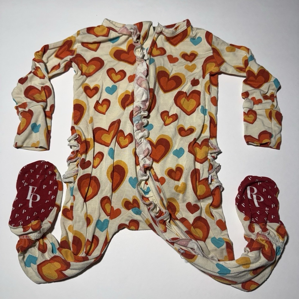Posh Peanut Baby Footie Pajamas 3-6 Months Retro Hearts Ruffle Bamboo Zipper